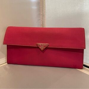 Used Prada Hot Pink Tessuto Cloth Logo Metal Emblem Long Flap Wallet Italy Auth!